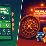 Split illustration showing sports betting on a smartphone and casino gaming with roulette and slot machine