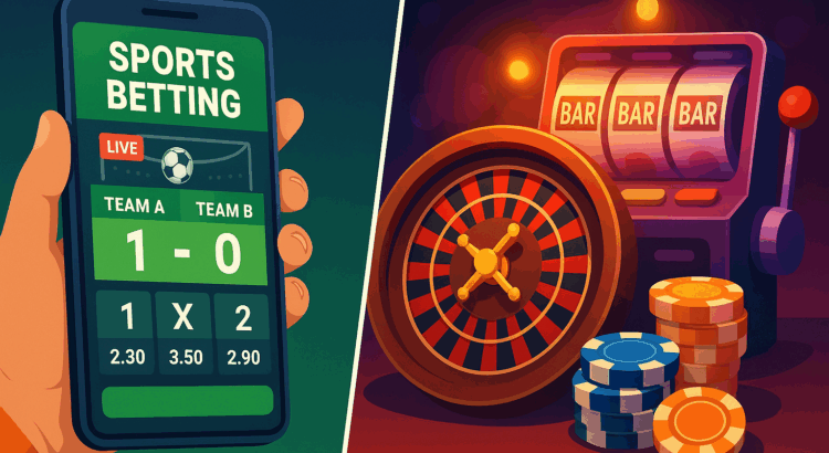 Split illustration showing sports betting on a smartphone and casino gaming with roulette and slot machine