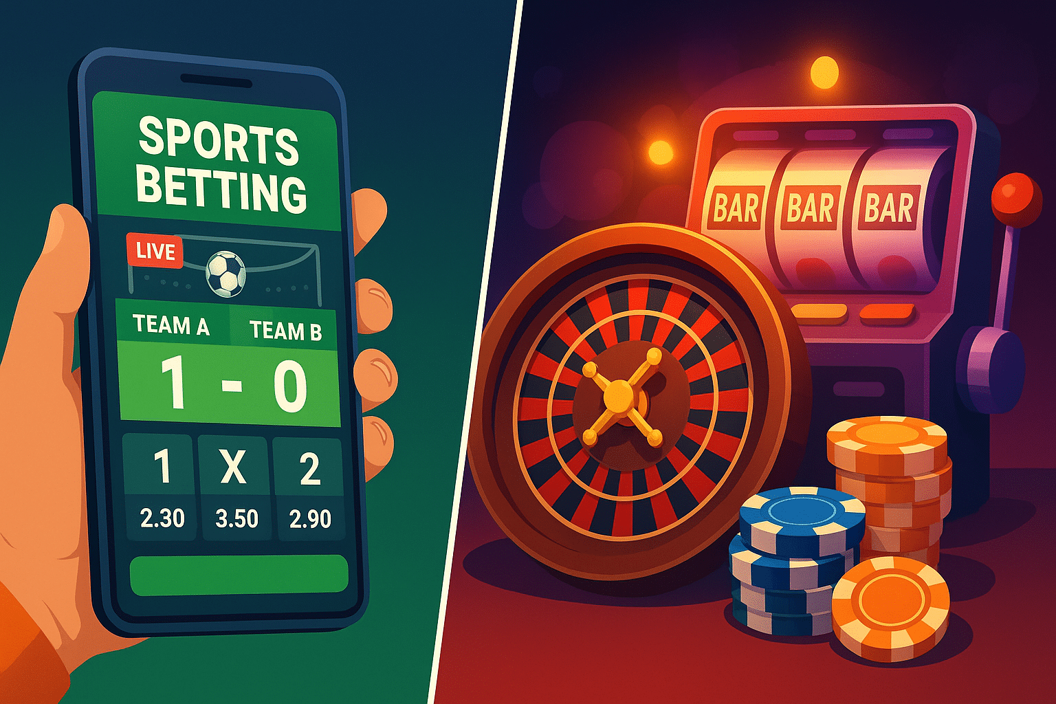 Split illustration showing sports betting on a smartphone and casino gaming with roulette and slot machine