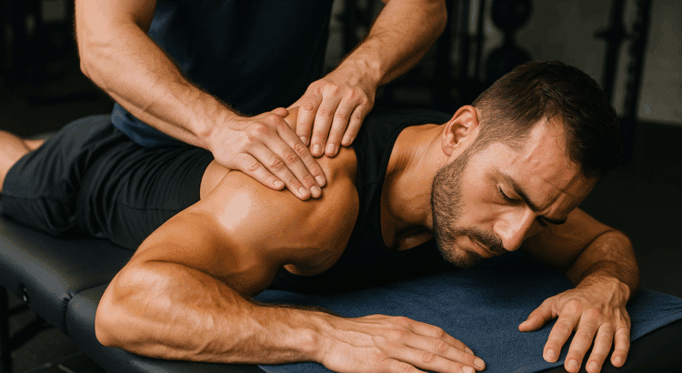 Man receiving deep tissue sports massage in a gym setting to aid weight lifting recovery