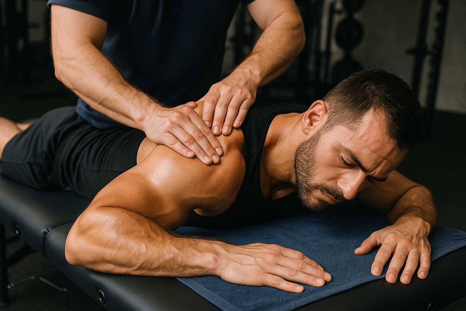 Man receiving deep tissue sports massage in a gym setting to aid weight lifting recovery