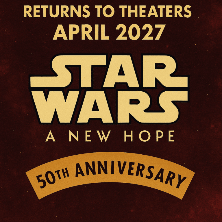 Star Wars: A New Hope 50th Anniversary theatrical re-release graphic with red space background and bold yellow lettering, April 2027.