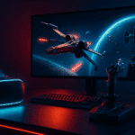 Star Wars gaming setup with VR headset, HOTAS joystick, and widescreen monitor showing X-Wing space battle