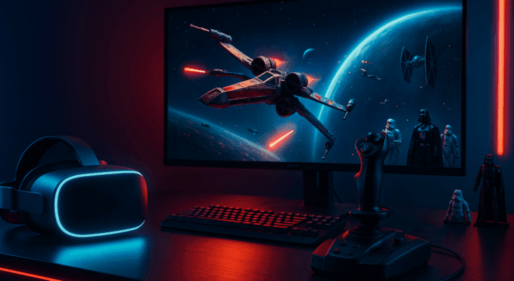 Star Wars gaming setup with VR headset, HOTAS joystick, and widescreen monitor showing X-Wing space battle