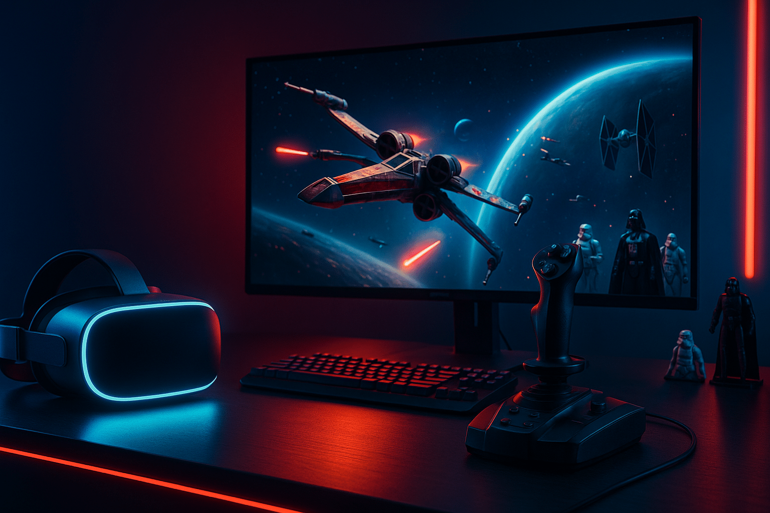 Star Wars gaming setup with VR headset, HOTAS joystick, and widescreen monitor showing X-Wing space battle