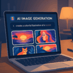 Laptop running AI image generation software showing colorful illustrations on screen in a modern workspace