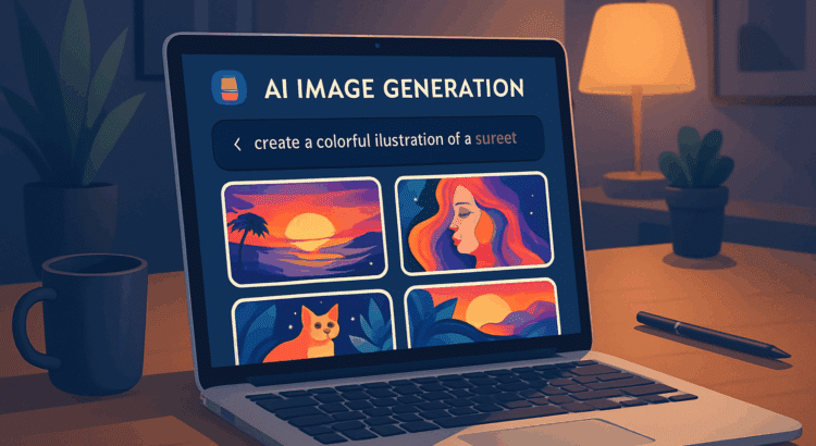 Laptop running AI image generation software showing colorful illustrations on screen in a modern workspace