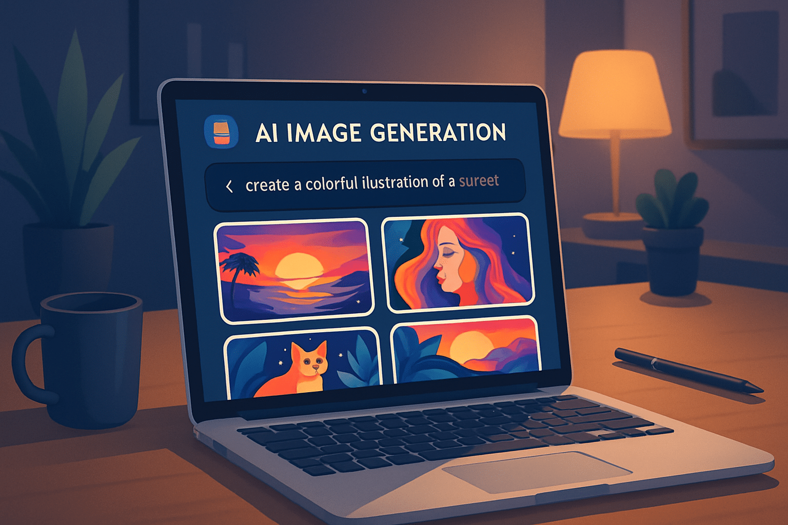 Laptop running AI image generation software showing colorful illustrations on screen in a modern workspace