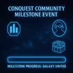 Promotional image for Star Wars: Galaxy of Heroes Conquest Community Milestone Event with progress bar and icons