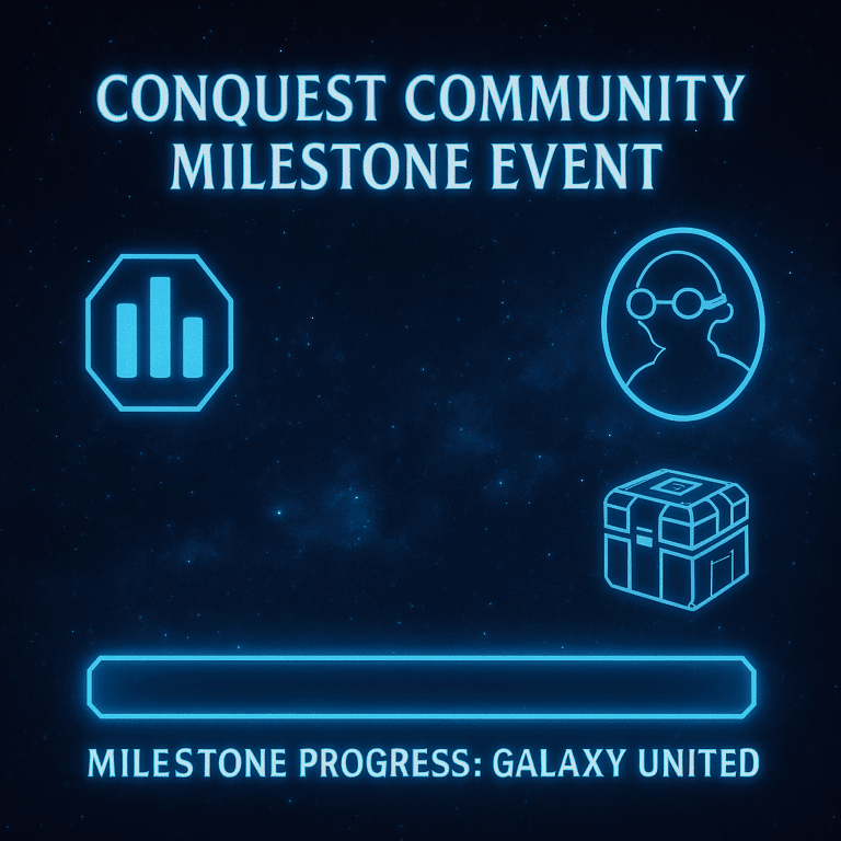 Promotional image for Star Wars: Galaxy of Heroes Conquest Community Milestone Event with progress bar and icons