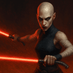Asajj Ventress in battle stance with two red lightsabers and a determined expression, ready to strike