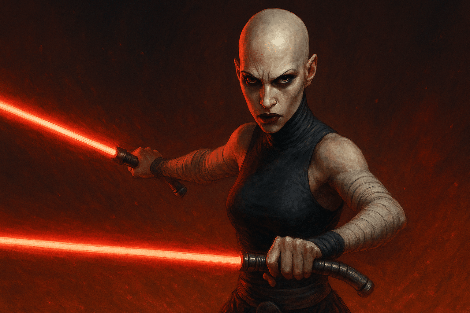 Asajj Ventress in battle stance with two red lightsabers and a determined expression, ready to strike