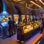 In this image, a vibrant scene captures characters engaging in crafting activities within the SWTOR crew skills system, showcasing their three crew skill slots filled with various gathering skills. The companions are seen collaborating to gather resources and craft valuable items, reflecting the fun and social aspect of turning companion crafting into a casino-like experience.