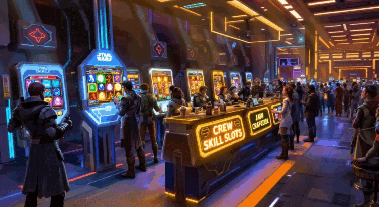 In this image, a vibrant scene captures characters engaging in crafting activities within the SWTOR crew skills system, showcasing their three crew skill slots filled with various gathering skills. The companions are seen collaborating to gather resources and craft valuable items, reflecting the fun and social aspect of turning companion crafting into a casino-like experience.
