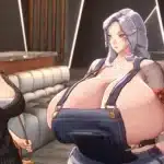 Horizon Walker modded character Osla with exaggerated fantasy proportions standing in a modern lounge.