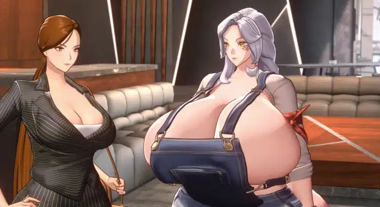 Horizon Walker modded character Osla with exaggerated fantasy proportions standing in a modern lounge.