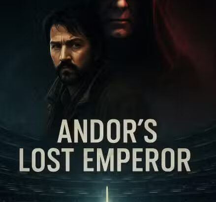 Moody poster-style artwork inspired by Andor, showing Coruscant’s skyline with a shadowy Imperial presence hinting at Emperor Palpatine.