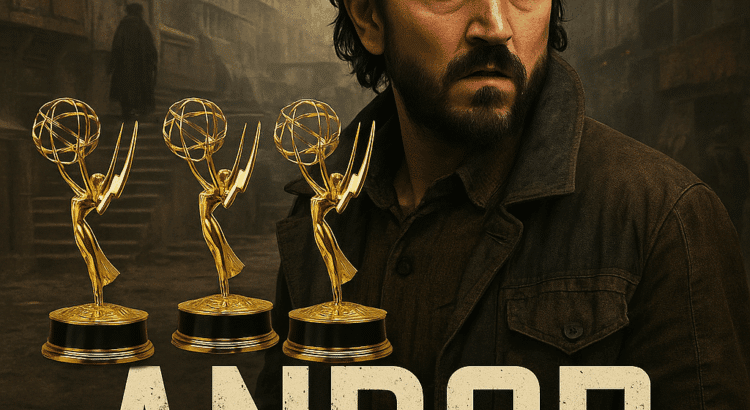 Cassian Andor from Andor Season 2 standing in a gritty Star Wars city backdrop with four golden Emmy statuettes, celebrating the show’s Creative Arts Emmy wins.