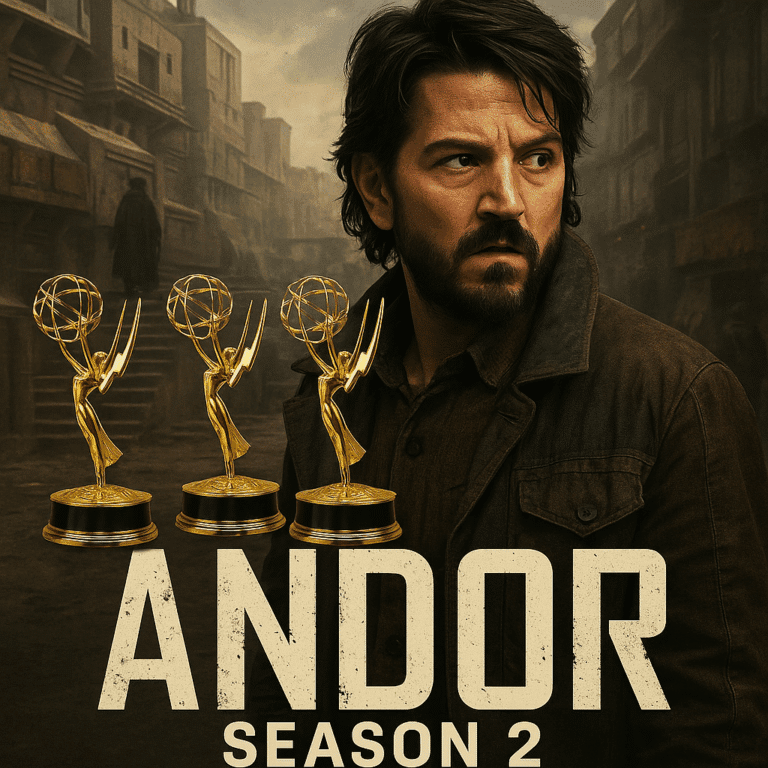 Cassian Andor from Andor Season 2 standing in a gritty Star Wars city backdrop with four golden Emmy statuettes, celebrating the show’s Creative Arts Emmy wins.