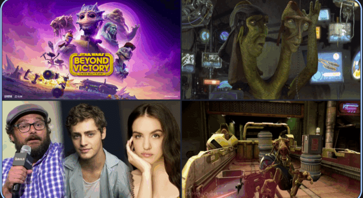 Collage showcasing Star Wars: Beyond Victory key art, plus headshots of Bobby Moynihan, Fin Argus, and Lilimar Hernandez alongside classic podracing characters Sebulba and Fode — highlighting the voice cast reveal for the mixed reality playset.