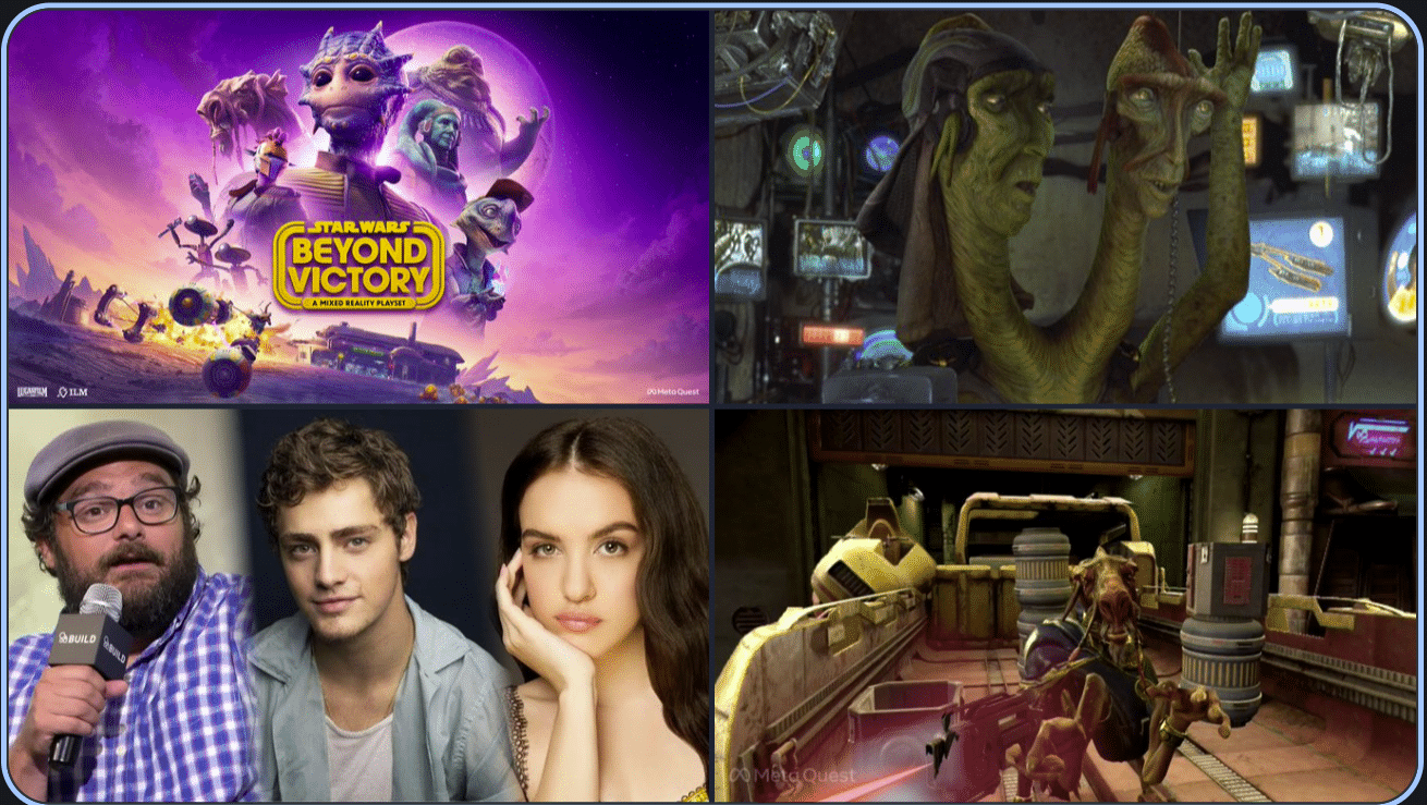 Collage showcasing Star Wars: Beyond Victory key art, plus headshots of Bobby Moynihan, Fin Argus, and Lilimar Hernandez alongside classic podracing characters Sebulba and Fode — highlighting the voice cast reveal for the mixed reality playset.