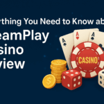 DreamPlay Casino review banner featuring poker chips, playing cards, dice, and gold coins on a dark blue background.