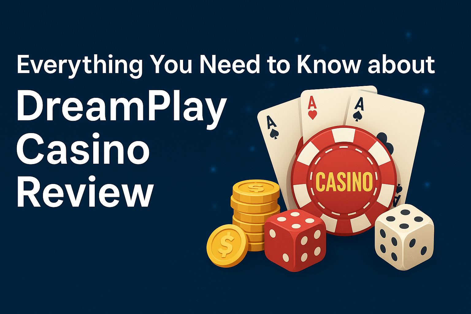 DreamPlay Casino review banner featuring poker chips, playing cards, dice, and gold coins on a dark blue background.