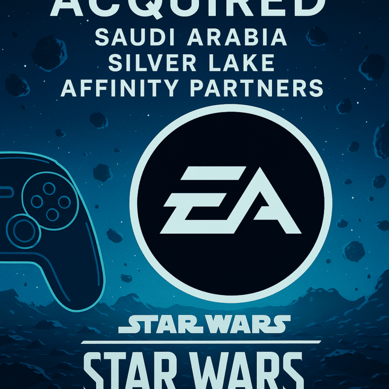 Electronic Arts EA headquarters building with digital Star Wars graphics representing  billion acquisition deal.