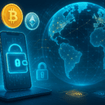 Smartphone with digital wallet icons for Bitcoin, Ethereum, and stablecoins beside a holographic globe with blockchain connections