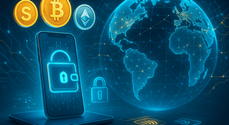 Smartphone with digital wallet icons for Bitcoin, Ethereum, and stablecoins beside a holographic globe with blockchain connections