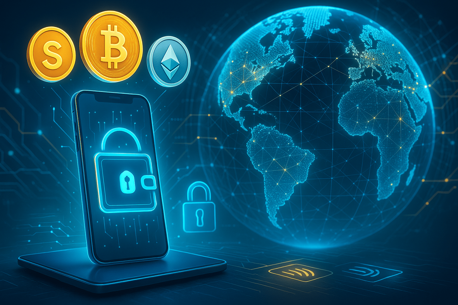 Smartphone with digital wallet icons for Bitcoin, Ethereum, and stablecoins beside a holographic globe with blockchain connections