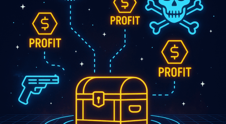 Digital illustration of a glowing sci-fi holotable projecting a pirate treasure map with neon blue and gold credit chips and blaster silhouettes.