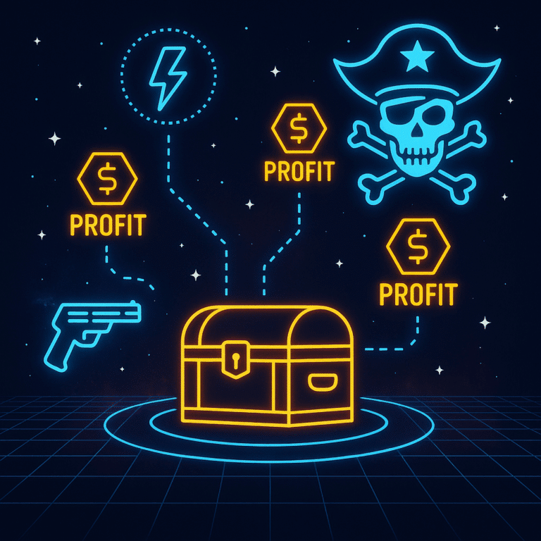 Digital illustration of a glowing sci-fi holotable projecting a pirate treasure map with neon blue and gold credit chips and blaster silhouettes.