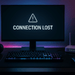 Gaming desk with monitor displaying “Connection Lost,” RGB keyboard, headphones, and Wi-Fi router
