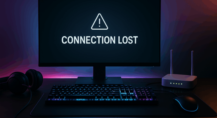 Gaming desk with monitor displaying “Connection Lost,” RGB keyboard, headphones, and Wi-Fi router