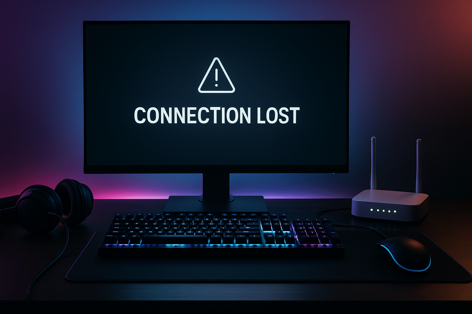 Gaming desk with monitor displaying “Connection Lost,” RGB keyboard, headphones, and Wi-Fi router