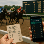 Horse racing scene with jockeys in colorful silks and bettor holding ticket and smartphone odds