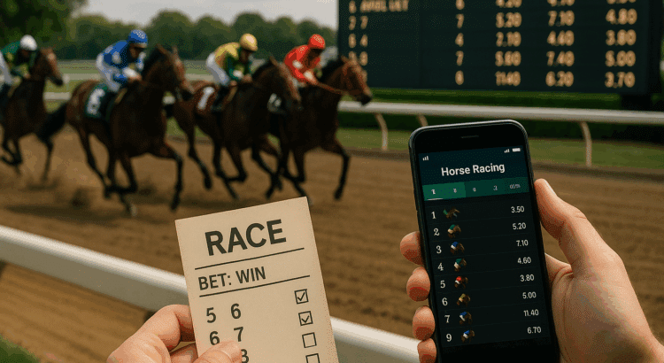 Horse racing scene with jockeys in colorful silks and bettor holding ticket and smartphone odds
