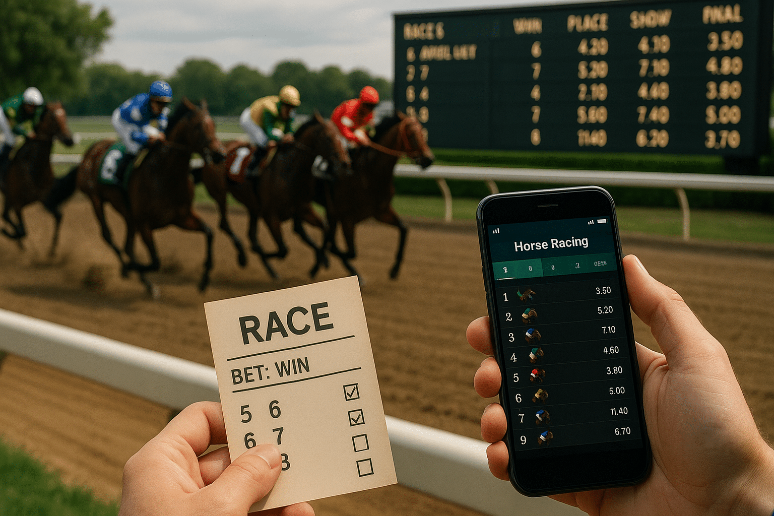 Horse racing scene with jockeys in colorful silks and bettor holding ticket and smartphone odds
