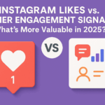 Infographic showing Instagram Likes versus other engagement signals in 2025 with heart icon and analytics icons on a purple background.