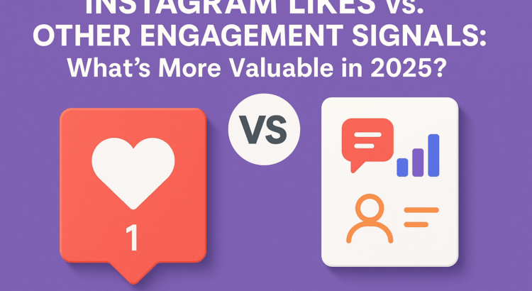 Infographic showing Instagram Likes versus other engagement signals in 2025 with heart icon and analytics icons on a purple background.