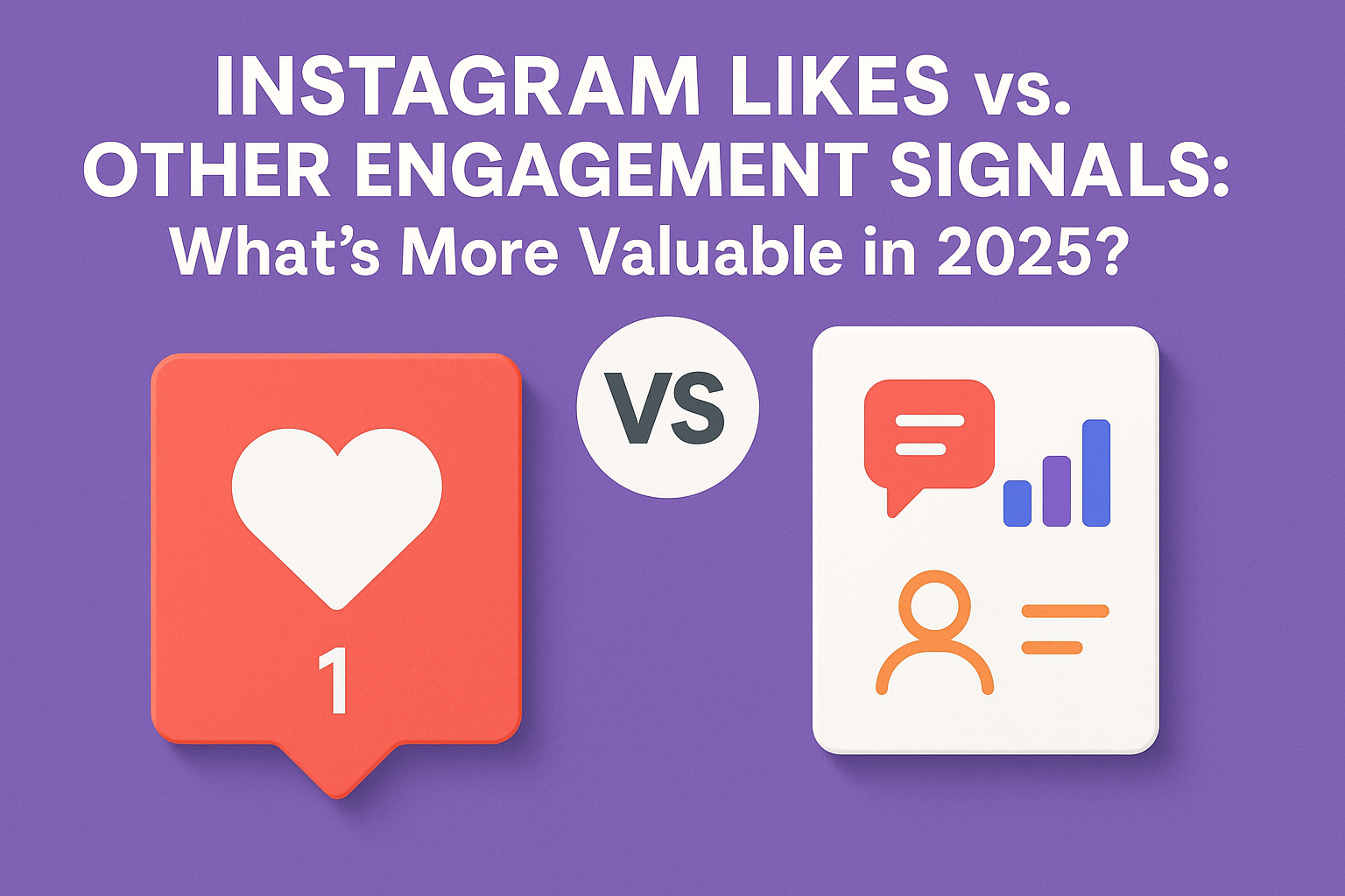 Infographic showing Instagram Likes versus other engagement signals in 2025 with heart icon and analytics icons on a purple background.