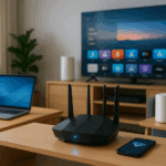 Modern living room with Wi-Fi router, mesh devices, laptop, smart TV, and smartphone connected