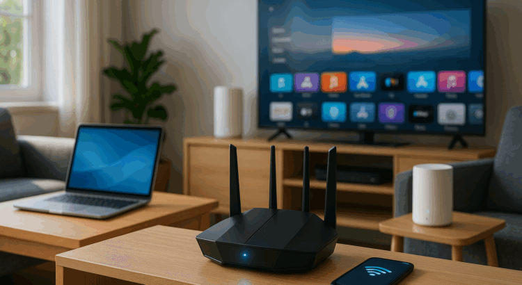 Modern living room with Wi-Fi router, mesh devices, laptop, smart TV, and smartphone connected