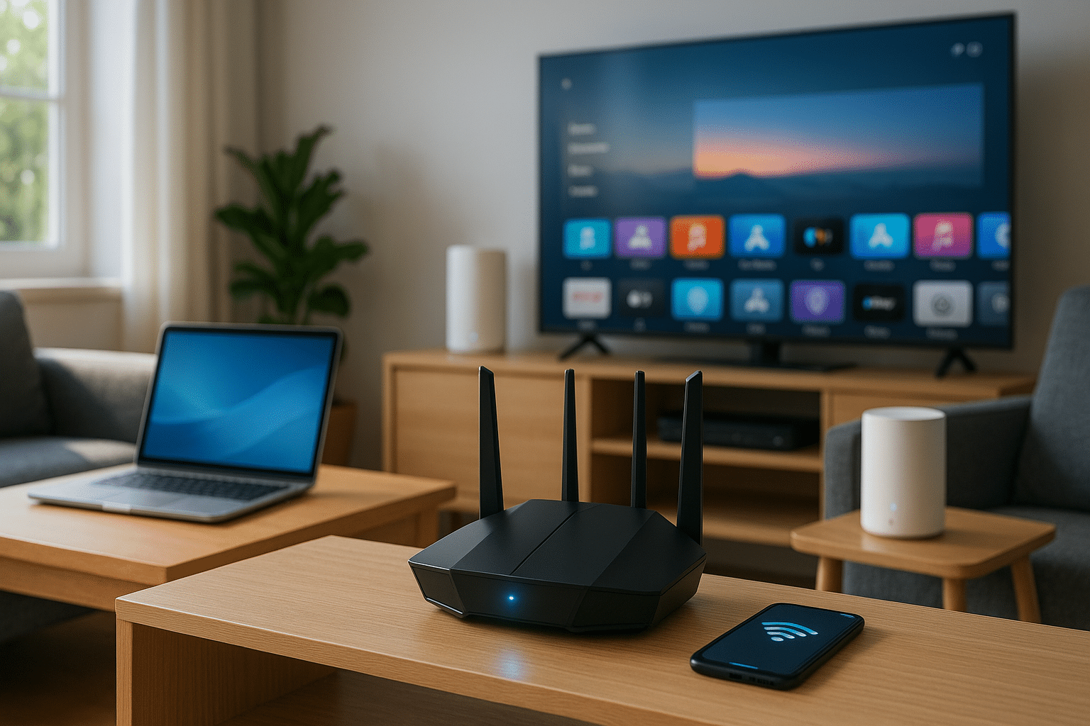 Modern living room with Wi-Fi router, mesh devices, laptop, smart TV, and smartphone connected