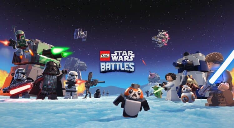 LEGO Star Wars Battles mobile game screenshot showing a dynamic battlefield with LEGO minifigures, Star Wars units (like AT-ATs and lightsaber-wielding characters), and strategic towers in action.