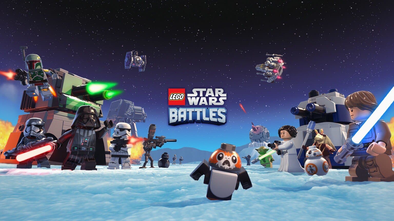 LEGO Star Wars Battles mobile game screenshot showing a dynamic battlefield with LEGO minifigures, Star Wars units (like AT-ATs and lightsaber-wielding characters), and strategic towers in action.