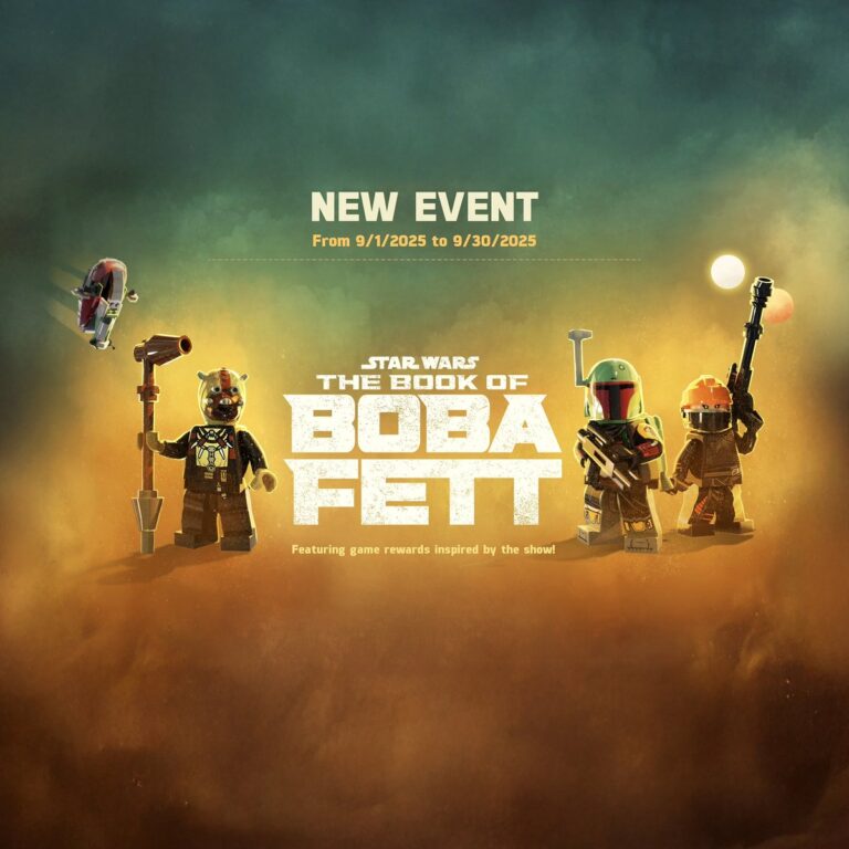 LEGO Star Wars Castaways Book of Boba Fett event promotional image featuring LEGO Boba Fett and themed characters.