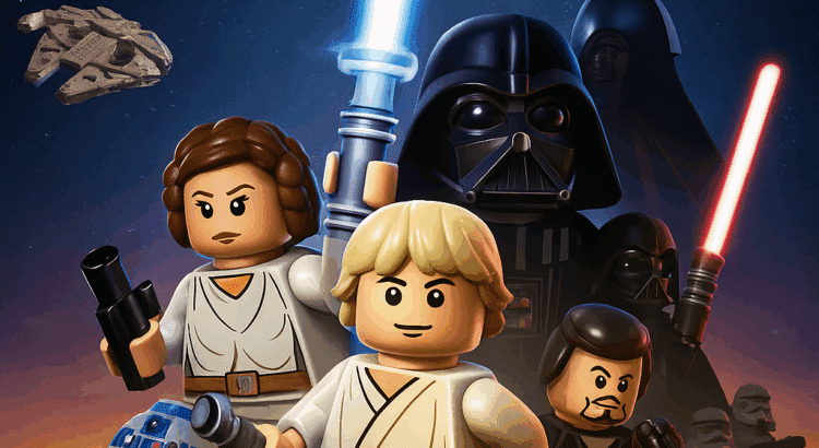 Colorful anniversary artwork for LEGO Star Wars II: The Original Trilogy featuring LEGO Luke Skywalker, Han Solo, Princess Leia, and Darth Vader standing on LEGO bricks with the Death Star in the background. Text reads “19 Years of LEGO Star Wars II: The Original Trilogy – 2006-2025.”