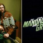 Composer Ludwig Göransson with musical instruments alongside The Mandalorian and Grogu movie logo.